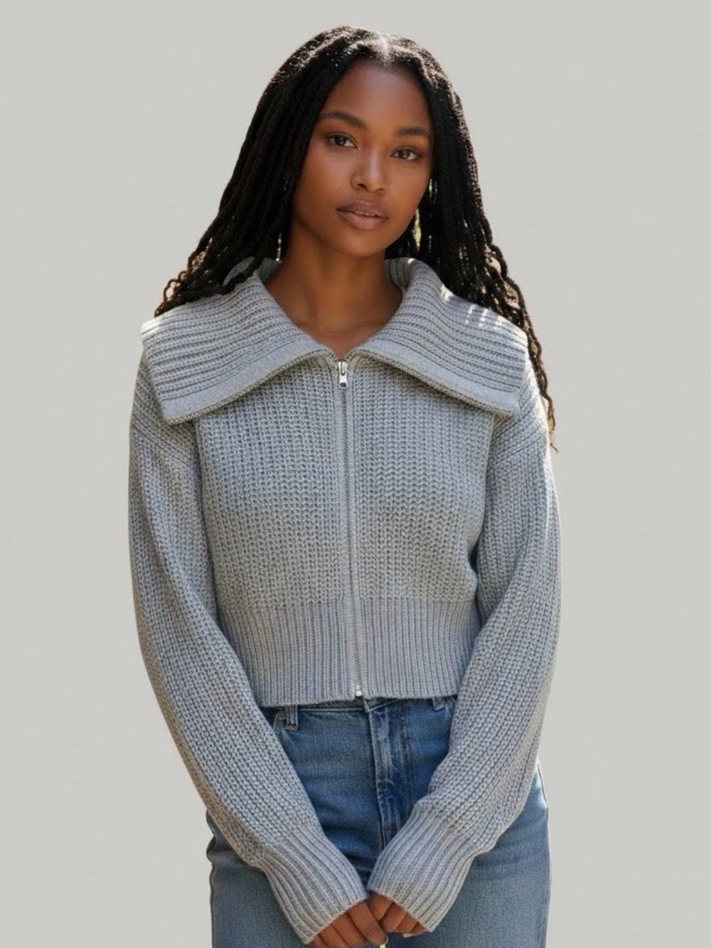 Cropped Chunky Knit Cardigan Sweater Double Zip Ribbed Gray Aerie Size Small